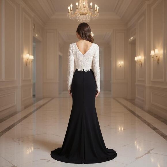 Tadashi Shoji Embroidered Lace Long Evening Gown Black Ivory Size 18 - Picture 12 of 12